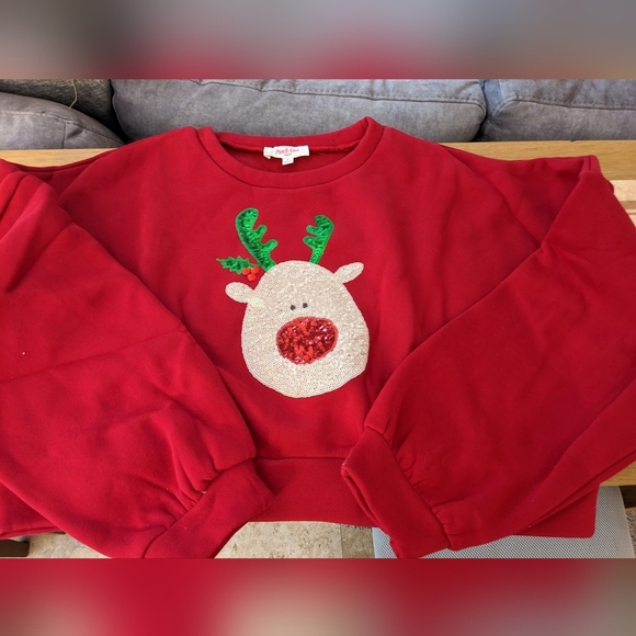 New Red Nose Reindeer Sequin Crewneck Sweatshirt Red Women Crop Christmas - Picture 1 of 7